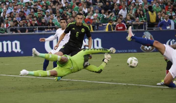 June 01, 2016: Mexican Goalkeeper 12 Alfredo Talavera comes off his line to punch away a shot during an international soccer match between Mexico and Chile at Qualcomm Stadium in San Diego, California. Soccer 2016: Mexico vs Chile JUN 01 - ZUMAc04_