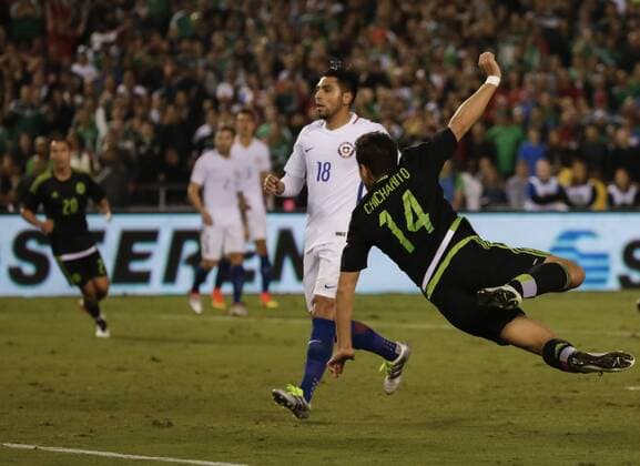June 01, 2016: Mexican Forward 14 Javier Chicharito Hernandez heads the ball into the goal during an international soccer match between Mexico and Chile at Qualcomm Stadium in San Diego, California. Mexico defeats Chile 1-0. Soccer 2016: Mexico vs Chile JUN 01 - ZUMAc04_
