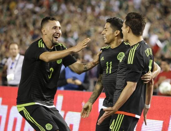 June 01, 2016: Mexican Forward 14 Javier Chicharito Hernandez celebrates his goal with teammates Defenseman 3 Yasser Corona and Midfielder 11 Javier Aquino during an international soccer match between Mexico and Chile at Qualcomm Stadium in San Diego, California. Mexico defeats Chile 1-0. Soccer 2016: Mexico vs Chile JUN 01 - ZUMAc04_