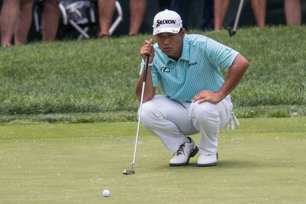 June 2, 2016 - Dublin, Ohio, U.S - Hideki Matsuyama lines up a putt on the sixth hole during the first round of The Memorial Tournament at Muirfield Village Golf Club, Dublin, Ohio. PGA Golf Herren 2016 - The Memorial Tournament - First Round - ZUMAs304