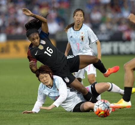 June 2, 2016 - Commerce City, Colorado, U.S - USA Womens F CRYSTAL DUNN, top, gets upended by the Japanese D during a friendly match against Japan before the Olympics at Dicks Sporting Goods Park Thursday Evening. USA Women tie Japan 3-3. USA Soccer 2016 - USA Womens national team Nationalteam tie Japan 3-3. - ZUMAav4_