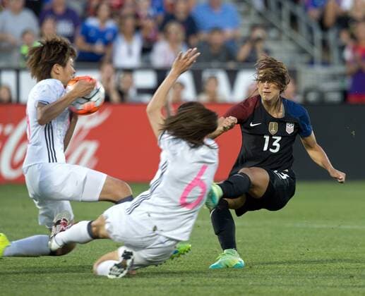 June 2, 2016 - Commerce City, Colorado, U.S - USA Womens F ALEX MORGAN, far right, makes a shot at the Japan goal during a friendly match against Japan before the Olympics at Dicks Sporting Goods Park Thursday Evening. USA Women tie Japan 3-3. USA Soccer 2016 - USA Womens national team Nationalteam tie Japan 3-3. - ZUMAav4_