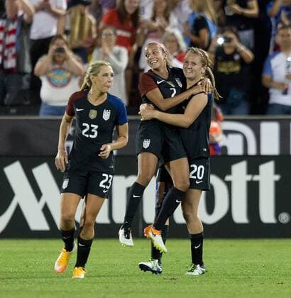 June 2, 2016 - Commerce City, Colorado, U.S - USA Womens MF LINDSEY HORAN, far right, lifts up team mate MALLORY PUGH, center, after scoring the 3rd. goal of the game for her team during a friendly match against Japan before the Olympics at Dicks Sporting Goods Park Thursday Evening. USA Women tie Japan 3-3. USA Soccer 2016 - USA Womens national team Nationalteam tie Japan 3-3. - ZUMAav4_