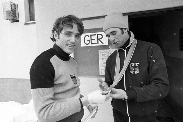 Olympische Spiele 1972 in Sapporo, Christian Neureuther und 500m Olympiasieger Erhard Keller (beide BR Deutschland)