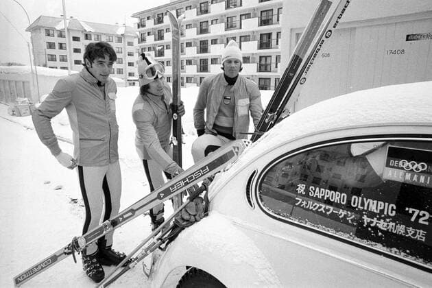 Olympische Spiele 1972 in Sapporo, v.li.: Christian Neureuther, Max Rieger und Sepp Heckelmiller (alle BR Deutschland)