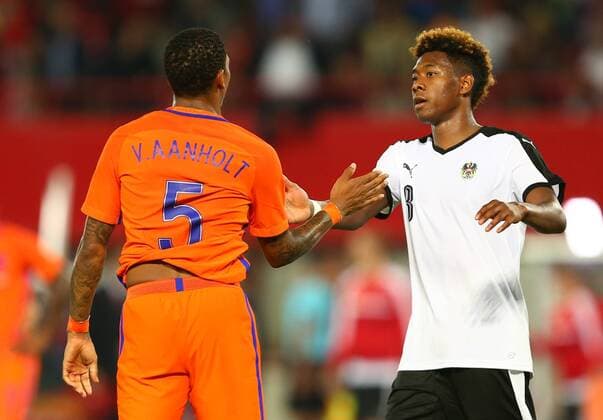 SOCCER - UEFA EURO EM Europameisterschaft Fussball 2016, preview VIENNA,AUSTRIA,04.JUN.16 - SOCCER - UEFA European Championship EM Europameisterschaft 2016 in France, preview, OEFB international match Länderspiel Austria vs Netherlands, friendly match. Image shows Patrick van Aanholdt (NED) and David Alaba (AUT). GEPAxpictures xCh.xKelemen