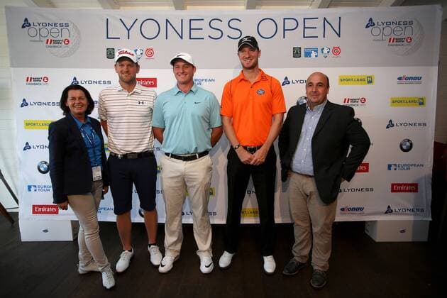 GOLF - PGA Golf Herren Lyoness Open, preview ATZENBRUGG,AUSTRIA,07.JUN.16 - GOLF - PGA European Tour, Lyoness Open, Diamond Country Club, preview, press conference PK Pressekonferenz Image shows Silvia Kelemen Weihs (Lyoness), Bernd Wiesberger (AUT), Chris Wood (GBR), Sepp Straka (AUT) and CEO Ali A. Al-Khaffaf (Golf Open Event GmbH). GEPAxpictures xDanielxGoetzhaber