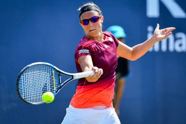 Belgian Kirsten Flipkens pictured in action during a tennis game between Belgian Kirsten Flipkens WTA Tennis Damen 61) and Japanese Risa Ozaki (WTA 124) in the first round of the women s singles at the Ricoh Open WTA tennis tournament in Rosmalen, the Netherlands, Tuesday 07 June 2016. LUCxCLAESSEN  x04866979x