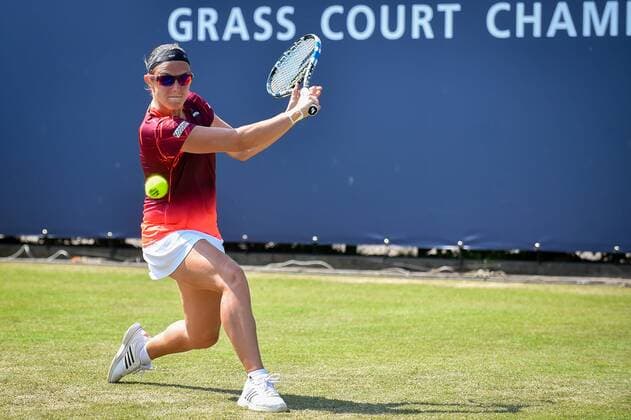 Belgian Kirsten Flipkens pictured in action during a tennis game between Belgian Kirsten Flipkens WTA Tennis Damen 61) and Japanese Risa Ozaki (WTA 124) in the first round of the women s singles at the Ricoh Open WTA tennis tournament in Rosmalen, the Netherlands, Tuesday 07 June 2016. LUCxCLAESSEN  x04866983x