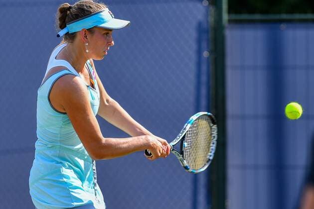 Belgian Elise Mertens pictured in action during a tennis game between Belgian Elise Mertens and Dutch Demi Schuurs versus Russian Alexandra Panova and Swiss Amra Sadikovic in the first round of the women s doubles at the Ricoh Open WTA Tennis Damen tennis tournament in Rosmalen, the Netherlands, Tuesday 07 June 2016. LUCxCLAESSEN  x04867024x
