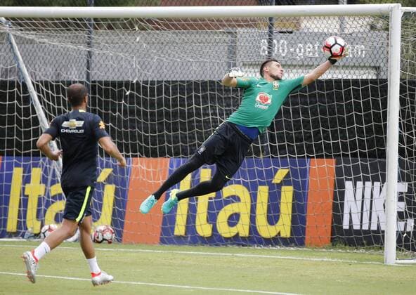 Brazil s goalkeeper Diego Alves (R) participates in a training session at Florida University in Orlando, United States, 7 June 2016, where the team will face Haiti tomorrow during a match of Copa America Centenario. BRAZIL S TRAINING SESSION IN ORLANDO !ACHTUNG: NUR REDAKTIONELLE NUTZUNG!  FLO003 20160608-636009456351226011