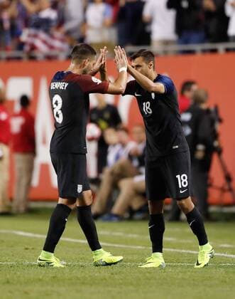 Copa America, USA - Costa Rica United States forward Chris Wondolowski (R) high -fives United States midfielder Clint Dempsey during the first half of a 2016 Copa America Centenario Group A match at Soldier Field in Chicago on June 7, 2016. The United States defeated Costa Rica 4-0.  CHI2016060719 BRIANxKERSEY