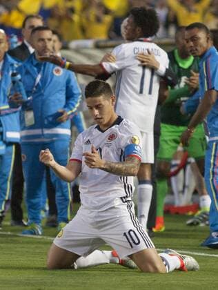 June 7, 2016 - Pasadena, California, U.S - James Rodriguez 10 of Colombia celebrates his goal during their match against Paraguay in the Copa America Centenario 2016 football tournament held in Pasadena, California on Tuesday June 7, 2016. Colombia won by a score of 2-1. Colombia defeats Paraguay, 2-1 - ZUMAp124