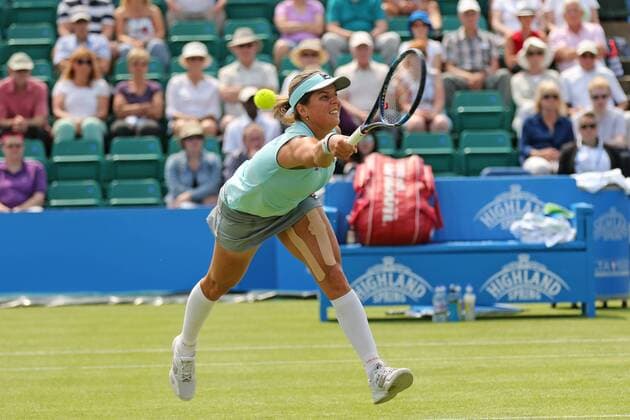 08.06.2016. Nottingham Tennis Centre, Nottingham, England. Aegon WTA Tennis Damen Nottingham Open Day 5. Anna Tatishvili of USA just fails to reach a forehand against Karolina Pliskova of Czech Republic xDavidxKissmanx  ActionPlus11746482