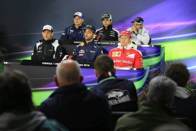 09.06.2016. Montreal, Canada. F1 Grand Prix of Canada. Drivers press conference PK Pressekonferenz McLaren Honda & x2013; Jenson Button, Sauber F1 Team & x2013; Marcus Ericsson, Williams Martini Racing & x2013; Felipe Massa, Sahara Force India VJM09 - Sergio Perez, Scuderia Ferrari & x2013; Kimi Raikkonen and Red Bull Racing & x2013; Daniel Ricciardo xLeannexBoonx  ActionPlus11746749