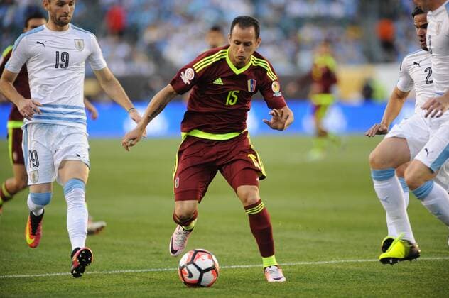 June 9, 2016 - Philadelphia, Pennsylvania, U.S - JOSEF MARTINEZ (15) of Venezuela in action against Uruguay s GASTON SILVA (19) during the Copa America match held at Lincoln Financial Field in Philadelphia Pa Soccer 2016-Copa America-Uruguay Vs Venezuela. - ZUMArf1_