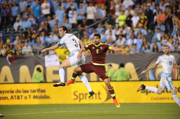 June 9, 2016 - Philadelphia, Pennsylvania, U.S - DIEGO GODIN (3) of Uruguay in action against TOMAS RINCON (8) of Venezuela during the Copa America match held at Lincoln Financial Field in Philadelphia Pa Soccer 2016-Copa America-Uruguay Vs Venezuela. - ZUMArf1_