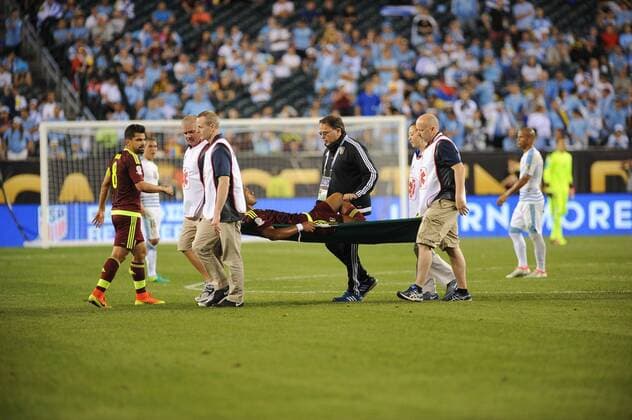June 9, 2016 - Philadelphia, Pennsylvania, U.S - SALMON RODON (9) of Venezuela is carried off the pitch during the Copa America match held at Lincoln Financial Field in Philadelphia Pa Soccer 2016-Copa America-Uruguay Vs Venezuela. - ZUMArf1_