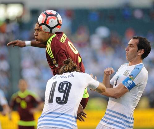 June 9, 2016 - Philadelphia, Pennsylvania, U.S - SALMON RONDON (9) of Venezuela in action against Uruguay s GASTON SILVA (19) during the Copa America match held at Lincoln Financial Field. Venezuela beat Uruguay 1-0. Soccer 2016 - Copa America - Venezuela Beats Uruguay 1-0  - ZUMA