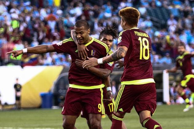 June 9, 2016 - Philadelphia, PA, United States of America - Venezuela Attacker SALOMON RONDON (9), center, celebrates his goal with his teammates in the first half of a Copa America Centenario Group C match between Uruguay and Venezuela Thursday, June. 09, 2016 at Lincoln Financial Field in Philadelphia, PA. COPA AMERICA CENTENARIO 2016 - Jun 09 - Venezuela defeats Uruguay 1-0 - ZUMAs124