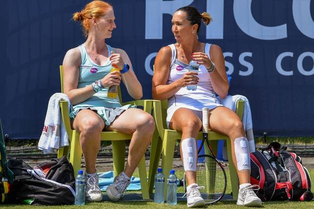 Belgian Alison Van Uytvanck and Serbian Jelena Jankovic pictured during a tennis game between Belgian Alison Van Uytvanck and Jelena Jankovic versus Swiss Xenia Knoll and Serbian Aleksandra Krunic during the semi finals of the women s doubles tournament at Ricoh Open WTA Tennis Damen tennis tournament in Rosmalen, the Netherlands, Friday 10 June 2016. LUCxCLAESSEN  x04868894x