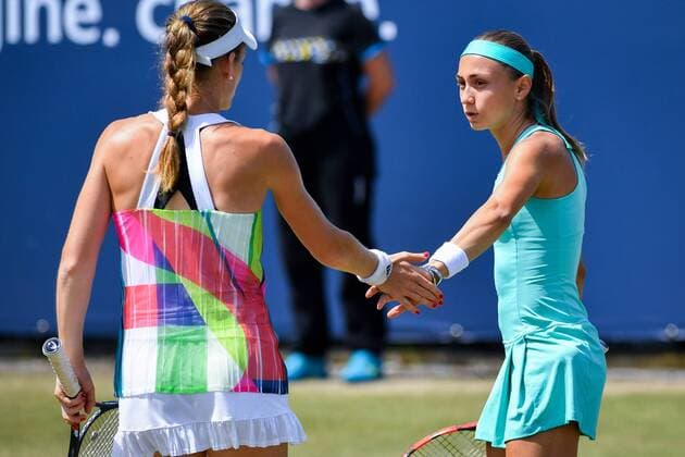 Serbian Aleksandra Krunic and Swiss Xenia Knoll pictured during a tennis game between Belgian Alison Van Uytvanck and Jelena Jankovic versus Swiss Xenia Knoll and Serbian Aleksandra Krunic during the semi finals of the women s doubles tournament at Ricoh Open WTA Tennis Damen tennis tournament in Rosmalen, the Netherlands, Friday 10 June 2016. LUCxCLAESSEN  x04868900x