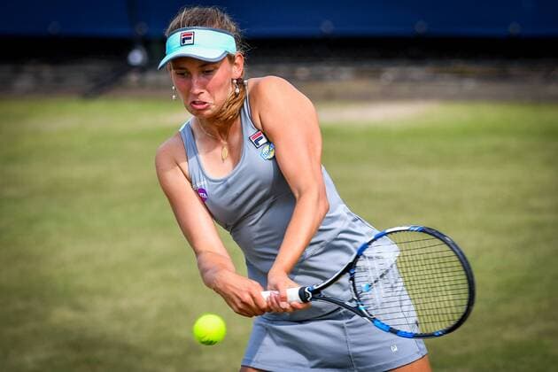 Belgian Elise Mertens pictured in action during a tennis game between Belgian Elise Mertens WTA Tennis Damen 171) and French Kristina Mladenovic (WTA 32) in the quarter finals of the women s singles at the Ricoh Open WTA tennis tournament in Rosmalen, the Netherlands, Friday 10 June 2016. LUCxCLAESSEN  x04868939x