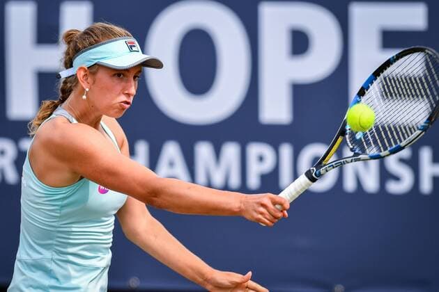 Belgian Elise Mertens pictured in action during a tennis game between Belgian Elise Mertens WTA Tennis Damen 171) and French Kristina Mladenovic (WTA 32) in the quarter finals of the women s singles at the Ricoh Open WTA tennis tournament in Rosmalen, the Netherlands, Friday 10 June 2016. LUCxCLAESSEN  x04868941x