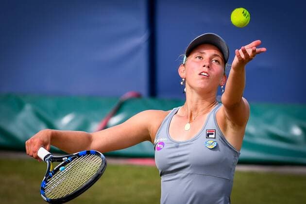 Belgian Elise Mertens pictured in action during a tennis game between Belgian Elise Mertens WTA Tennis Damen 171) and French Kristina Mladenovic (WTA 32) in the quarter finals of the women s singles at the Ricoh Open WTA tennis tournament in Rosmalen, the Netherlands, Friday 10 June 2016. LUCxCLAESSEN  x04868936x