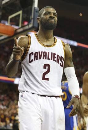 June 10, 2016 - Cleveland, OH, USA - The Cleveland Cavaliers Kyrie Irving (2) reacts after muscling in a first-quarter shot against the Golden State Warriors in Game 4 of the NBA Basketball Herren USA Finals at Quicken Loans Arena in Cleveland on Friday, June 10, 2016. Game 4: Golden State at Cleveland - ZUMAm67_