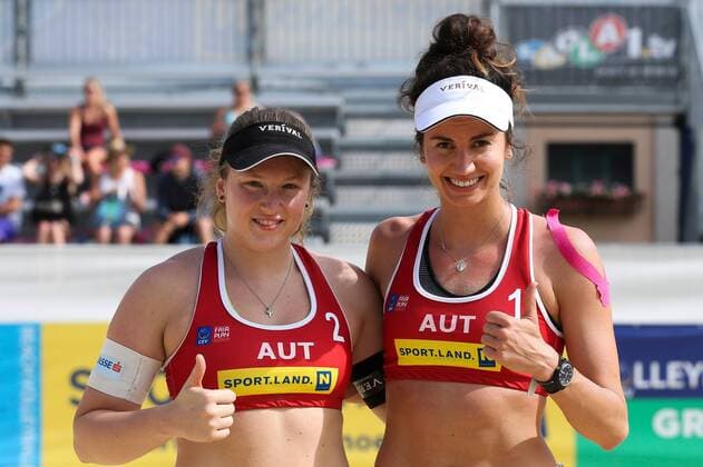 Beach volleyball Beachvolleyball - CEV Continental Cup BADEN BEI WIEN,AUSTRIA,11.JUN.16 - BEACH VOLLEYBALL - CEV Continental Cup, ladies, final. Image shows Katharina Schuetzenhoefer (AUT) and Lena Plesiutschnig (AUT). GEPAxpictures xPhilippxBrem