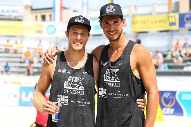 Beach volleyball Beachvolleyball - CEV Continental Cup BADEN BEI WIEN,AUSTRIA,11.JUN.16 - BEACH VOLLEYBALL - CEV Continental Cup, ladies, final. Image shows Moritz Pristauz (AUT) and Martin Ermacora (AUT) . GEPAxpictures xPhilippxBrem