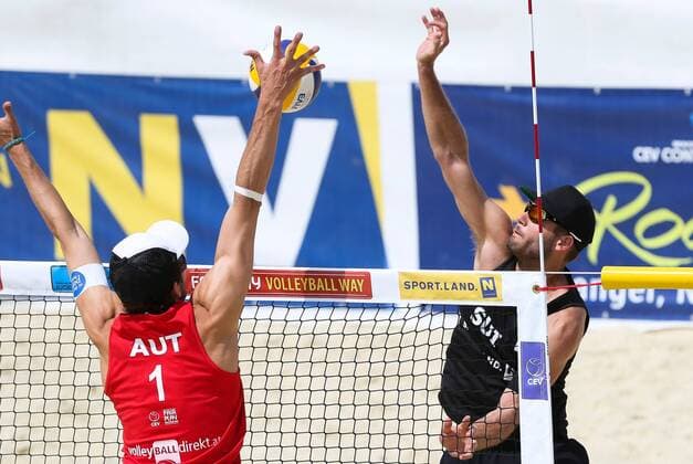 Beach volleyball Beachvolleyball - CEV Continental Cup BADEN BEI WIEN,AUSTRIA,11.JUN.16 - BEACH VOLLEYBALL - CEV Continental Cup, ladies, final. Image shows Robert Seidl (AUT) and Marco Krattinger (SUI). GEPAxpictures xPhilippxBrem