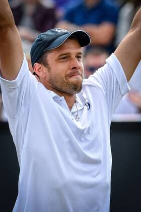 Luxembourg s Gilles Muller celebrates after winning a tennis game between Luxemburger Gilles Muller and Croatian Ivo Karlovic in the semi finals of the Men s singles at the Ricoh Open ATP Tennis Herren tennis tournament in Rosmalen, the Netherlands, Saturday 11 June 2016. LUCxCLAESSEN  x04869557x