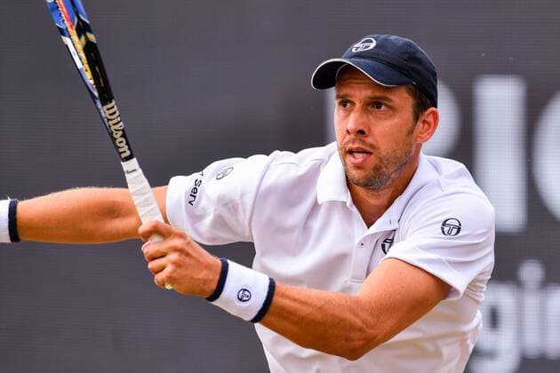 Luxembourg s Gilles Muller pictured in action during a tennis game between Luxemburger Gilles Muller and Croatian Ivo Karlovic in the semi finals of the Men s singles at the Ricoh Open ATP Tennis Herren tennis tournament in Rosmalen, the Netherlands, Saturday 11 June 2016. LUCxCLAESSEN  x04869572x