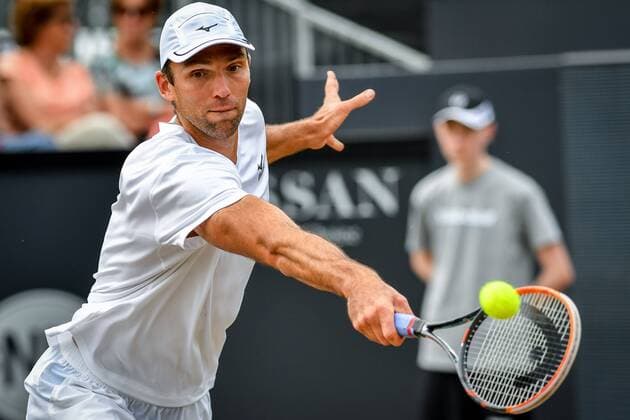 Croatian Ivo Karlovic pictured in action during a tennis game between Luxemburger Gilles Muller and Croatian Ivo Karlovic in the semi finals of the Men s singles at the Ricoh Open ATP Tennis Herren tennis tournament in Rosmalen, the Netherlands, Saturday 11 June 2016. LUCxCLAESSEN  x04869564x