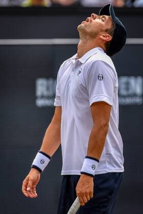 Luxembourg s Gilles Muller reacts during a tennis game between Luxemburger Gilles Muller and Croatian Ivo Karlovic in the semi finals of the Men s singles at the Ricoh Open ATP Tennis Herren tennis tournament in Rosmalen, the Netherlands, Saturday 11 June 2016. LUCxCLAESSEN  x04869577x