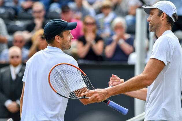 Luxembourg s Gilles Muller and Croatian Ivo Karlovic pictured after a tennis game between Luxemburger Gilles Muller and Croatian Ivo Karlovic in the semi finals of the Men s singles at the Ricoh Open ATP Tennis Herren tennis tournament in Rosmalen, the Netherlands, Saturday 11 June 2016. LUCxCLAESSEN  x04869579x