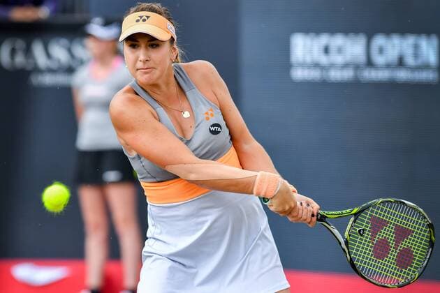 Swiss Belinda Bencic pictured in action during a tennis game between Swiss Belinda Bencic and French Kristina Mladenovic in the semi-finals of the women s singles at the Ricoh Open WTA Tennis Damen tennis tournament in Rosmalen, the Netherlands, Saturday 11 June 2016. LUCxCLAESSEN  x04869628x