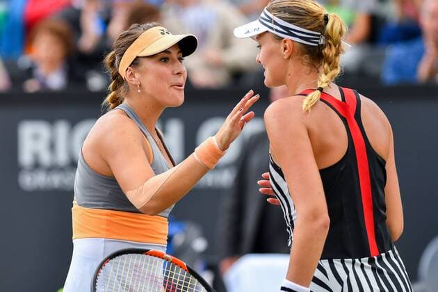 Swiss Belinda Bencic and French Kristina Mladenovic embrace after a tennis game between Swiss Belinda Bencic and French Kristina Mladenovic in the semi-finals of the women s singles at the Ricoh Open WTA Tennis Damen tennis tournament in Rosmalen, the Netherlands, Saturday 11 June 2016. LUCxCLAESSEN  x04869621x