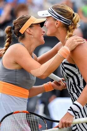Swiss Belinda Bencic and French Kristina Mladenovic embrace after a tennis game between Swiss Belinda Bencic and French Kristina Mladenovic in the semi-finals of the women s singles at the Ricoh Open WTA Tennis Damen tennis tournament in Rosmalen, the Netherlands, Saturday 11 June 2016. LUCxCLAESSEN  x04869623x