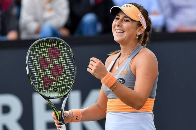 Swiss Belinda Bencic celebrates during a tennis game between Swiss Belinda Bencic and French Kristina Mladenovic in the semi-finals of the women s singles at the Ricoh Open WTA Tennis Damen tennis tournament in Rosmalen, the Netherlands, Saturday 11 June 2016. LUCxCLAESSEN  x04869631x