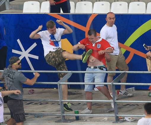 EURO 2016, Ausschreitungen auf der Tribüne beim Spiel England - Russland Russian fans confront England fans at the end of the match during the UEFA European Championship EM Europameisterschaft 2016 match at the Stade Velodrome, Marseille. Picture date June 11th, 2016 Pic David Klein Sportimage EDITORIAL USE ONLY. No use with unauthorised audio, video, data, fixture lists, club league logos or live services. Online in-match use limited to 120 images, no video emulation. No use in betting, games or single club league player publications.