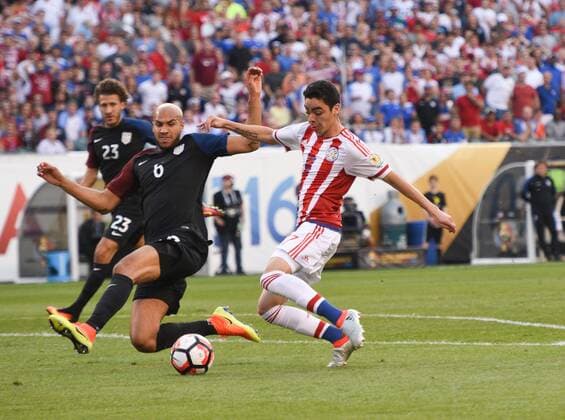 June 11, 2016 - Philadelphia, Pennsylvania, U.S - JOHN BROOKS of the USA in action against Paraguay s MIGUEL ALMIRON, during the Copa America match played at Lincoln Financial Field in Philadelphia Pa Soccer 2016-Copa America-USA Vs Paraguay. - ZUMArf1_