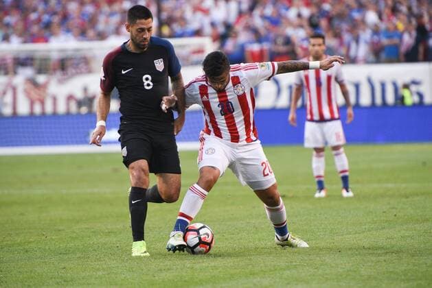 June 11, 2016 - Philadelphia, Pennsylvania, U.S - CLINT DEMPSEY, of the USA in action against Paraguay s VICTOR AYALA, during the Copa America match played at Lincoln Financial Field in Philadelphia Pa Soccer 2016-Copa America-USA Vs Paraguay. - ZUMArf1_