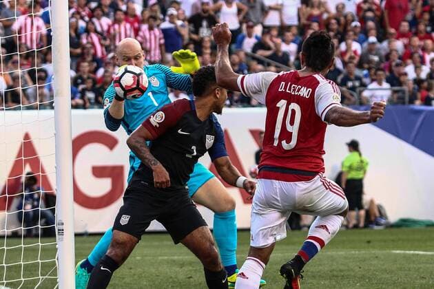 June 11, 2016 - Philadelphia, PA, United States of America - United States Keeper BRAD GUZAN (1) blocks Paraguay Attacker DARIO LEZCANO (19) shot attempt in the first half of a Copa America Centenario Group A match between the United States and Paraguay Saturday, June. 11, 2016 at Lincoln Financial Field in Philadelphia, PA. SOCCER 2016 - COPA AMERICA CENTENARIO - Jun 11 - United States defeats Paraguay 1-0 - ZUMAs124