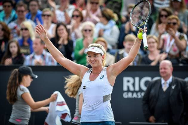 American Coco Vandeweghe celebrates after winning a tennis game between French Kristina Mladenovich and American Coco Vandeweghe in the finals of the women s singles at the Ricoh Open WTA Tennis Damen tennis tournament in Rosmalen, the Netherlands, Sunday 12 June 2016. LUCxCLAESSEN  x04869835x