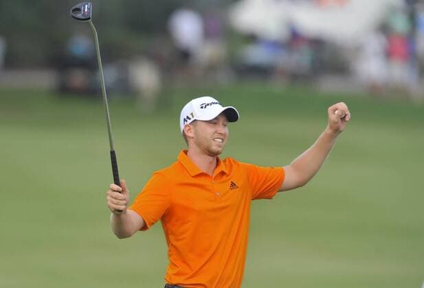 June 12, 2016: Daniel Berger celebrates after hitting his final put on the 18th to secure his win of the FedEx St. Jude Classic at TPC Southwind in Memphis, Tennessee. Austin McAfee CSM PGA Golf Herren 2016: FedEx St. Jude Classic JUNE 12 - ZUMAc04_