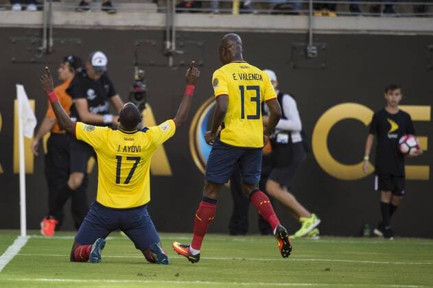 June 12, 2016 - East Rutherford, New Jersey, U.S - Ecuador forward JAIME AYOVI (17) celebrates his goal with Ecuador forward ENNER VALENCIA (13) during the Copa America Centenario USA 2016 soccer tournament at MetLife Stadium in East Rutherford, NJ Soccer 2016 - Copa America Centenario Ecuador vs. Haiti 4-0 - ZUMAs192