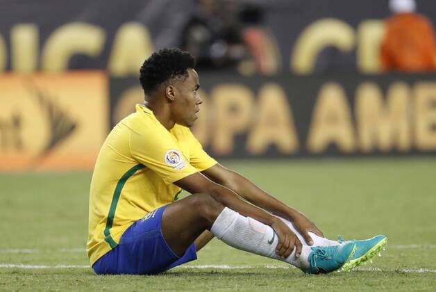 12 June 2016: Brazil midfielder Elias (8) sits on the ground in disbelief after Brazil was eliminated from the tournament. Peru defeated Brazil 1-0 in a Group B first round match in the 2016 Copa America Centenario at Gillette Stadium in Foxborough, Massachusetts. (Photograph by Fred Kfoury III Icon Sportswire) SOCCER: JUN 12 Copa America Centenario - Brazil v Peru Icon482160612034 EDITORIAL USE ONLY